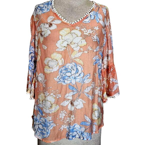 Peach Floral Sheer Blouse Size Small - Picture 1 of 5